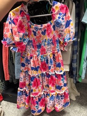 Girls size 5/6 Pink Floral Tiered Smocked Dress with Puff Sleeves